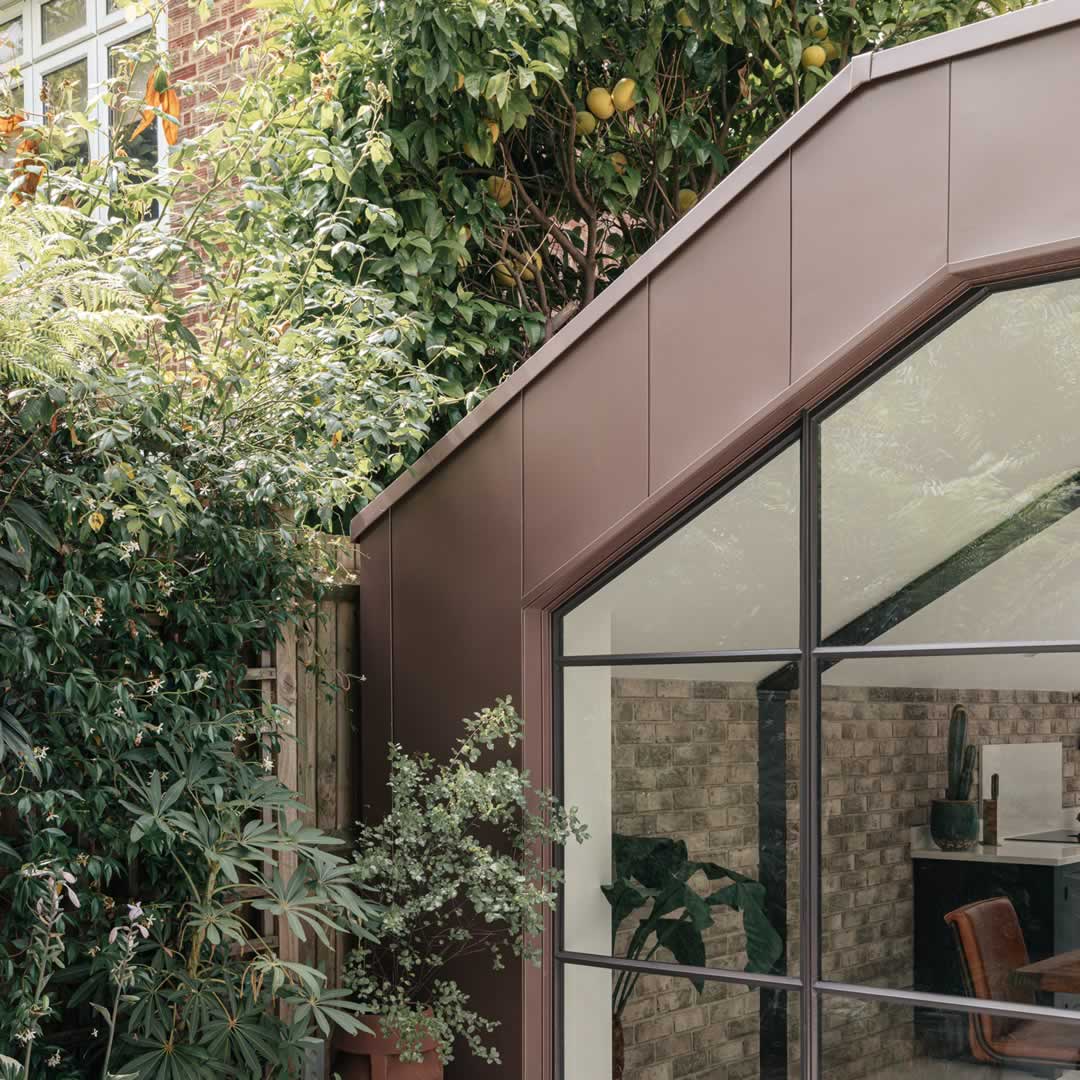 parsons green house showing detail of the copper-like rear extensin cladding