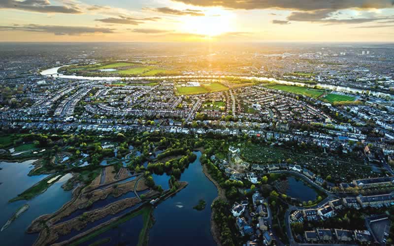 Aerial of Barnes Wetlands and River Thames